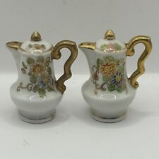 Vintage Tea Pot Porcelain Floral Salt & Pepper Shakers With Gold Trim picture