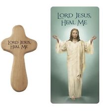 4” Hand Held Palm Healing Comfort Wooden Prayer Cross & Card Lord Jesus Heal Me picture