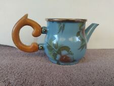 MacKenzie Childs Blue Roses Enamel Camp Creamer Wood Handle Teapot picture