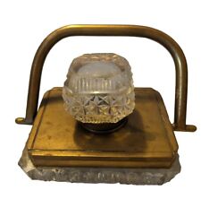 Large Antique / Vintage Brass & Cut Glass Crystal Inkwell W/Handle  picture