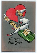 1908 New Year Girl Champagne Bottle Heart Brockton Massachusetts MA Postcard picture