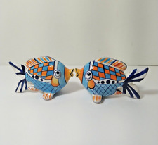 Whimsical Blue Sky Kissing Fish Ceramic Salt Pepper Shakers Signed Diane picture