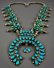HUGE Vintage Navajo Sterling Silver Turquoise Cluster Squash Blossom Necklace picture