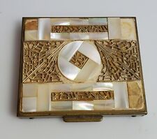 Vintage Compact Mirror Mother Of Pearl Gold Tone Filigree Makeup Powder Case picture