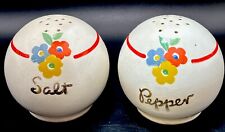 Vintage Round White Ball Red Stripe Salt and Pepper Shakers w/Floral Print Gold. picture