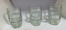 3 Vintage Barrel Shaped Mugs with Handle Green Tinged Clear Glass 4.25” Barware picture