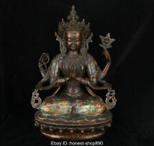  Tibet Buddhism Bronze Cloisonne Enamel 4 arms Chenrezig Buddha Statue Sculpture picture
