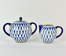 Imperial Lomonosov Porcelain Cobalt Net Blue/White Sugar Bowl & Creamer Tea Set picture