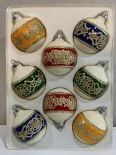 Vtg Pyramid Ornaments Rauch Satin Sheen  blue yellow red green Gold Box Of 8 picture