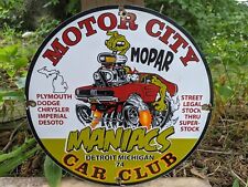 VINTAGE 1974 MOPAR DODGE HOT ROD MOTOR CITY CLUB MANIACS PORCELAIN SIGN 12