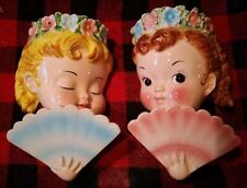 Vintage Lefton Sisters Lady Heads With Fan Wall Planter/Pocket 2934 picture