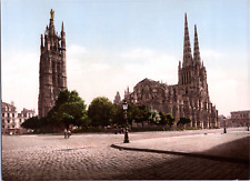 France, Bordeaux. Place Pey-Berland. The Cathedral.  vintage print photochromi picture