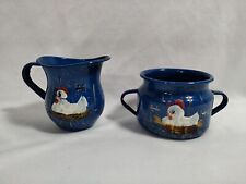 Mexican CINSA Blue Painted Chickens Enamelware SUGAR BOWL & CREAMER Mexico  picture