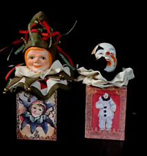 Porcelain Enesco Pair Vin 1988 Jesters Court Clown Figures Christmas Ornament picture