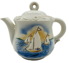 Porcelier Tea Pot Ceramic Raised Sailboat Nautical Vitreous China Beach Vintage picture