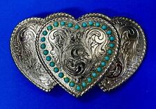 Triple 3 Hearts - Turquoise Colored Accented Or Outlined Three Heart Belt Buckle picture