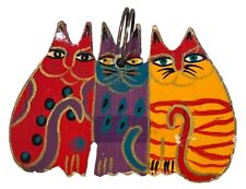 Signed LAUREL BURCH Wood Cats Trio Pendant Ornament Charm Red Purple Yellow Gold picture