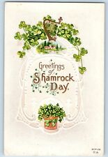 St. Patrick's Day Postcard Greetings Shamrock Harp Embossed c1910's Antique picture