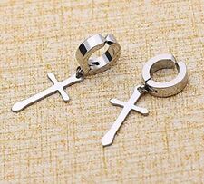 Stylish Christian Non-Pierced Clip On Cross Dangle Drop Hinged Earrings silver picture