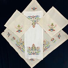 4 pc Folk Art Embroidery Table Linens 2 Napkins Tablerunner Tablecloth Excellent picture
