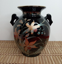 Japanese Black Enameled Vase W/ Handles and Gold Accent Japan picture