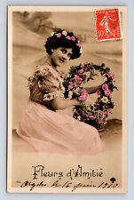 RPPC French Hand Colored Portrait of Yound Woman Flowers Cheri Jeanne Postcard picture