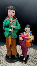 2 Asian vintage Dolls Tawain & Korea traditional dress Ornate on bases Hat picture