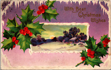 Vintage C. 1910 With Best Christmas Wishes Holly Berry Icicle Frame Postcard  picture