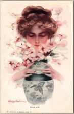 Artist-Signed PHILIP BOILEAU Postcard Pretty Lady Flowers 