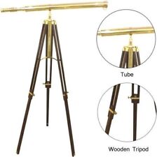 Antique Golden Floor Standing Brass 39 Inch Telescope With Wooden Tripod Stand picture
