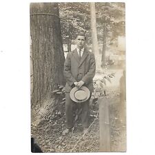 Antique RPPC Handsome Young Man Outside Straw Hat Leaves C1900 Vintage Photo picture