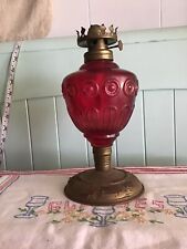 Vintage Cranberry Red Glass & Metal Pedestal Kerosene Oil Lamp w Shade 17