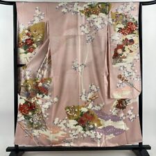 61.6inc Japanese Kimono SILK FURISODE Fan Flowers Light pink picture