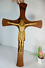 Antique  XL french wood carved cross chalkware christ signed  picture