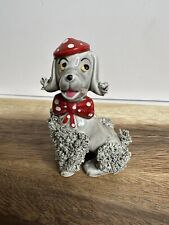 1950c Vintage Ceramic Spaghetti Poodle Figurine Gray Porcelain With Red Baret  picture