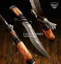 IMPACT CUTLERY RARE CUSTOM DAMASCUS HUNTING BOWIE KNIFE CAMEL BONE HANDLE- 1684 picture