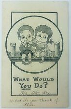 Vintage Comic Postcard What Would You Do? Boy and Girl on Pier Sheepish 1912 picture