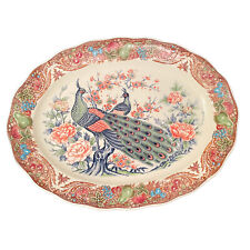 Vintage Japanese Porcelain Serving Platter Peacock Floral Art Oval picture