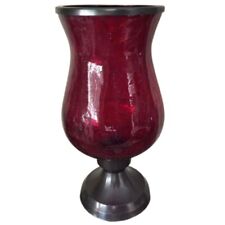 Ruby Red Decorative Crackle Glass Vase Gunmetal Pewter Base & Rim Made India Vtg picture