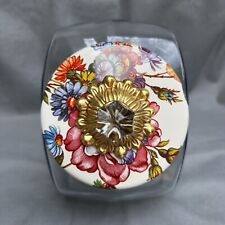 MacKenzie-Childs White Flower Market Cookie Jar Glass Floral Enamel Lid picture