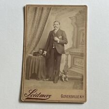 Antique Cabinet Card Photograph Man Photo On Table Hat Pug Dog Gloversville NY picture
