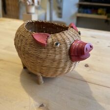 Cute Wicker Piggy Pig Basket Planter 6” picture