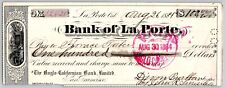 Bank of La Porte Check Horace Tabor* Silver King? 1884 Mining Vignette #12820 picture