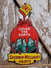 SHERWIN WILLIAMS VINTAGE PORCELAIN SIGN OLD HARDWARE PAINT CAN COVER THE EARTH picture