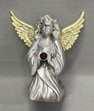 Camco Pewter Angel Kneeling Holding Garnet Birthstone 2 In Tall Goldtone Wings picture