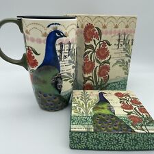 Ceramic Coffee Mug Tall Latte Cup With Lid- Proud Peacock - Cypress Home New picture