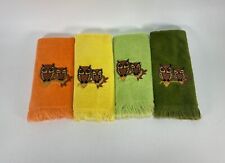 Vtg Fieldcrest SET EMBROIDERED OWL HAND TOWEL FRINGED Orange, Yellow, Green picture