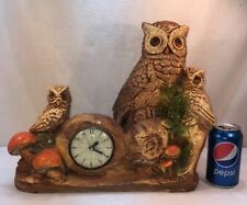 Vtg 1950-60's Chalkware Lanshire Clock Owl Mom/Dad Two Babies Family Cabin Farm picture