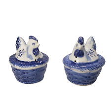 Vintage Art Line Hen Nesting on Basket Salt and Pepper Shakers Blue and White picture