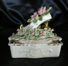 Vintage Fine China S TRINKET BOX Lady Shoe High Heel GOLD TRIM Slipper Roses  picture